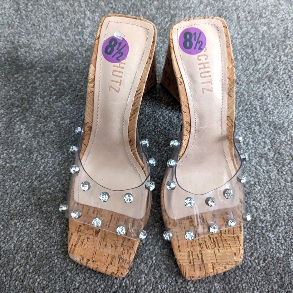 Schutz Lizah Cork Heeled Slides Slippers women's 8.5 Tan